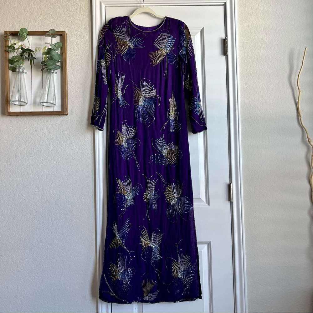 vintage silk beaded royal purple evening glam beaded longsleeve maxi dress